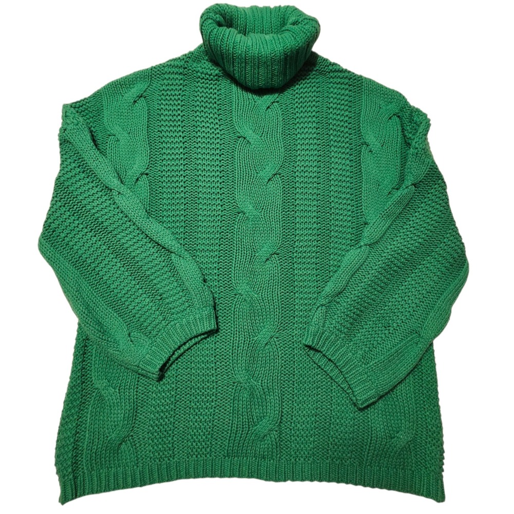 Womens Cable Knit Turtleneck Sweater Green Chunky Oversized Knitwear